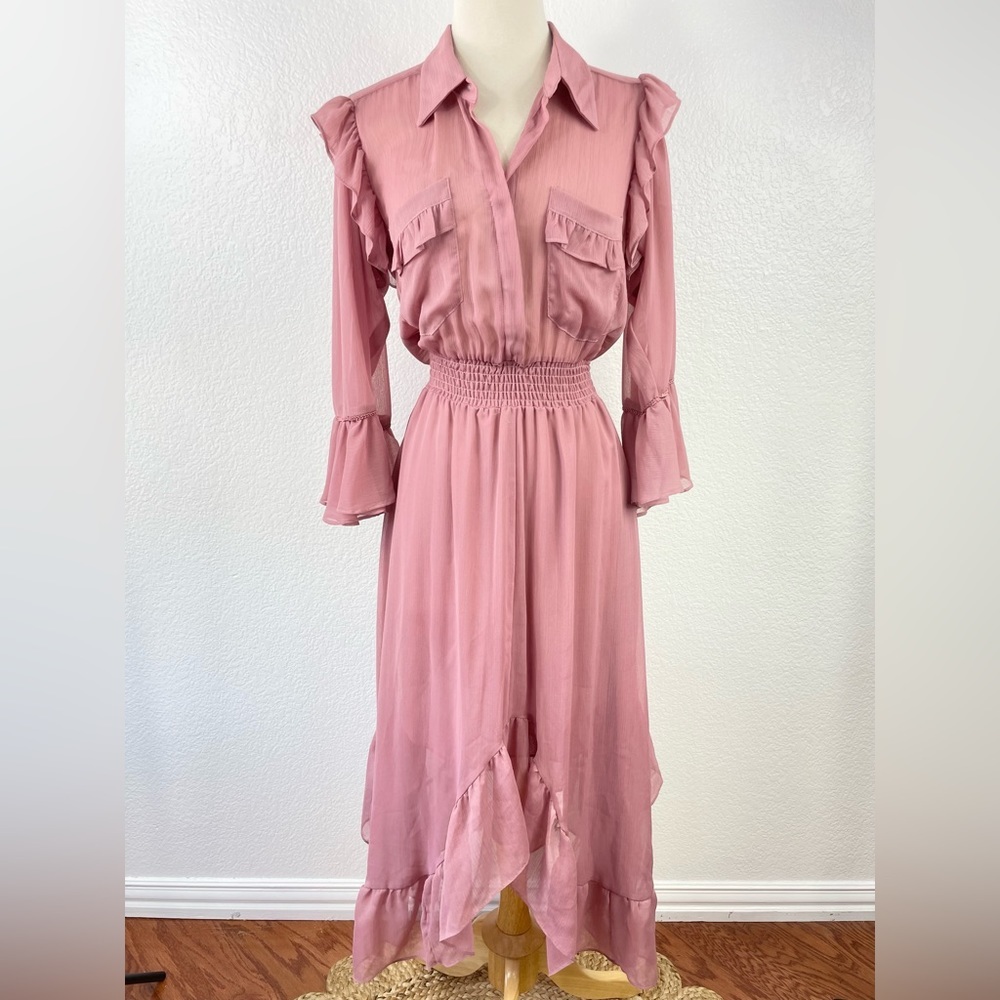 {MISA} Silvya Semi-Sheer Ruffled Midi Dress, Size S